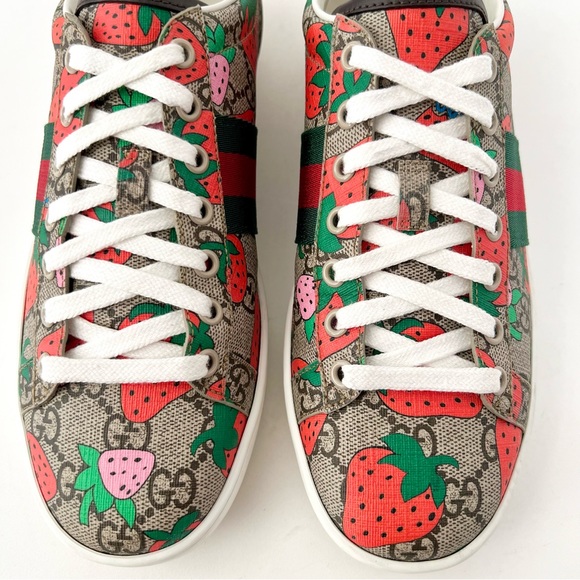 GUCCI || Ace Strawberry GG Supreme Monogram Web Striped Sneakers US 8 EU 38 - Picture 4 of 16